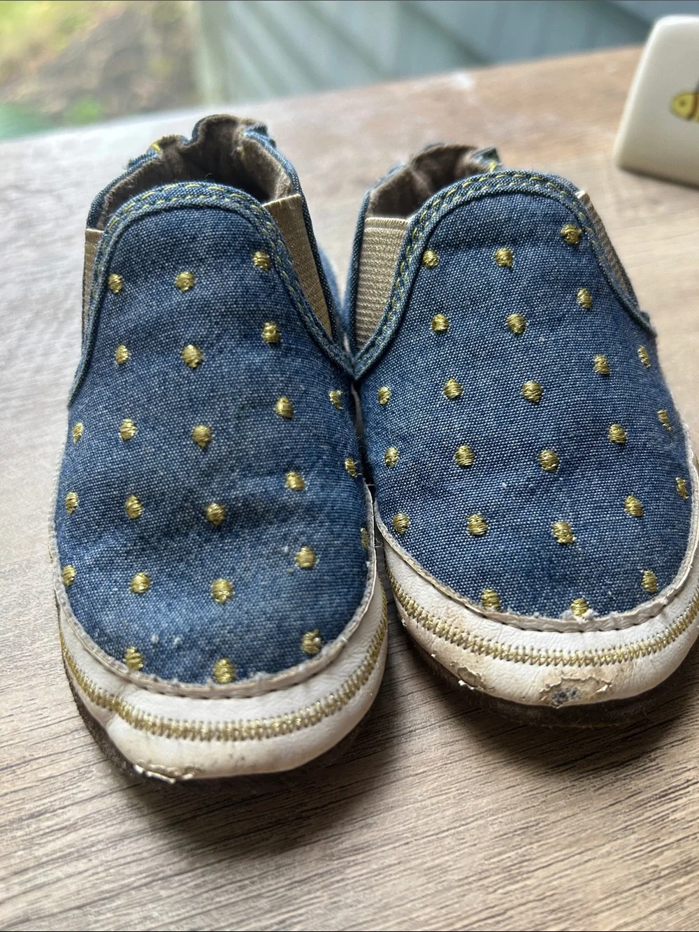 Robeez Blue Denim Slip-On Baby Shoes with Gold Dots